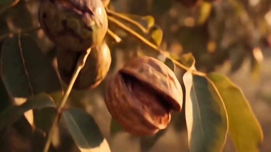 Nueces maduras en el nogal al amanecer