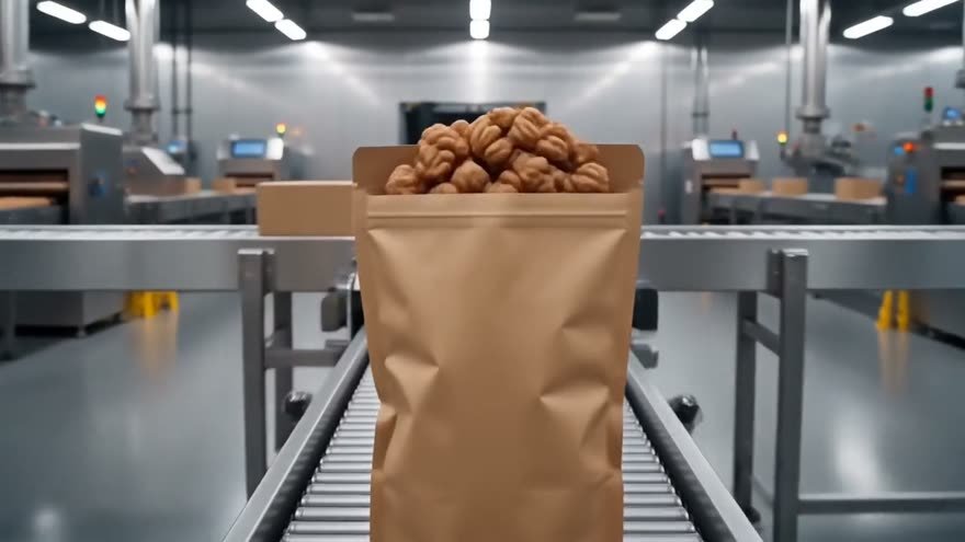 Envase kraft saliendo de la línea de empaque