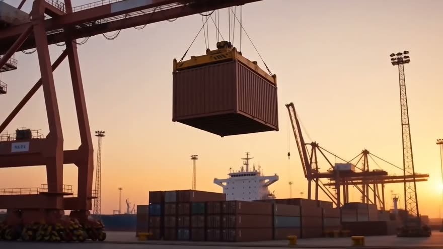 Grúa portuaria izando un contenedor al atardecer