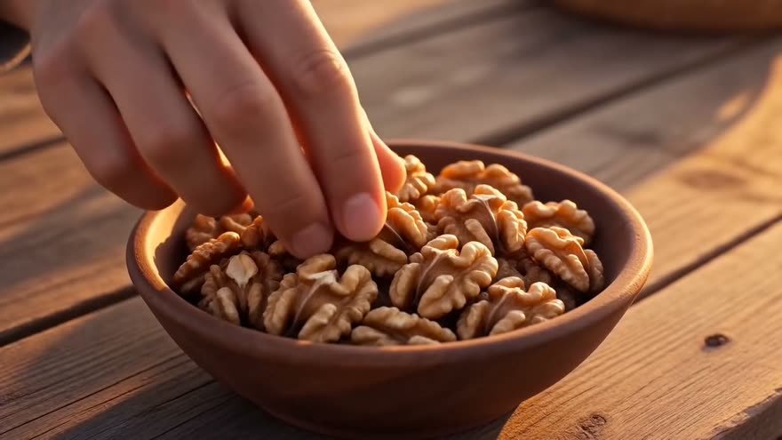 Una mano toma fruta de un pocillo sobre la mesa