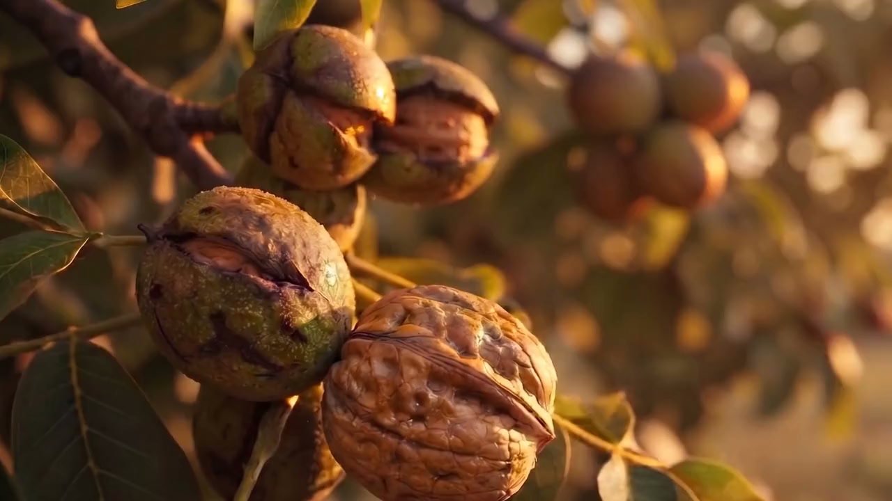 Nueces maduras en la rama de un nogal, a contraluz del amanecer